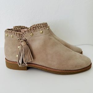 Kate Spade Bowie Bootie Womens 9.5 Desert Suede Tassel Low Heel Boho Gold Studs